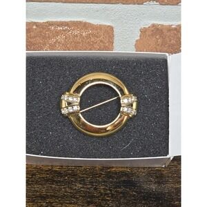 Vtg faux Diamond Avon 1886-1986 Round Rhinestone Crystal Brooch Pin Gold Tone
